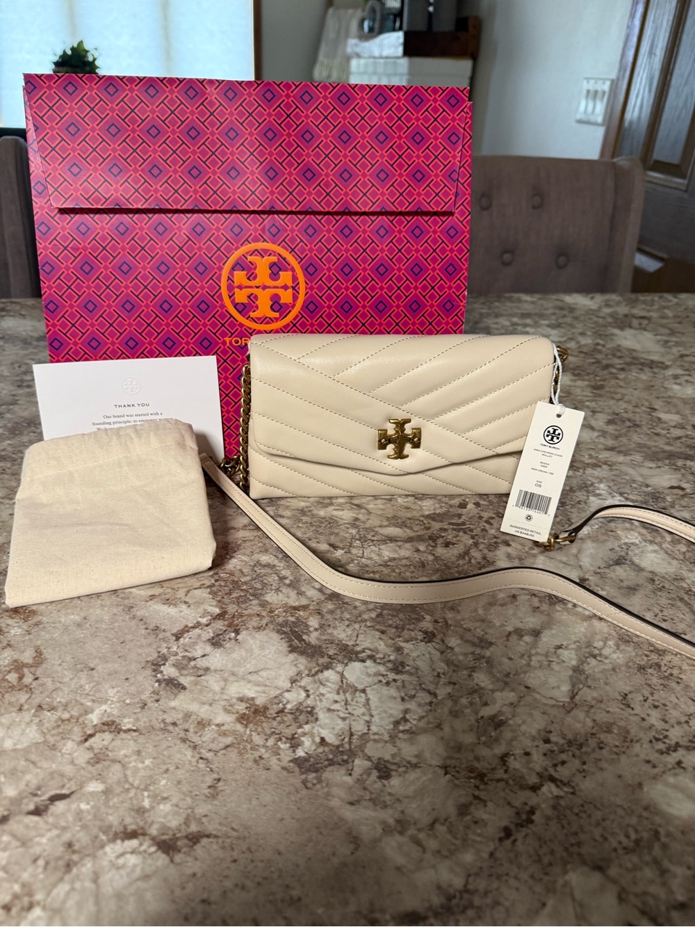 Tory Burch Cream Quilted Leather Crossbody with Gold Logo